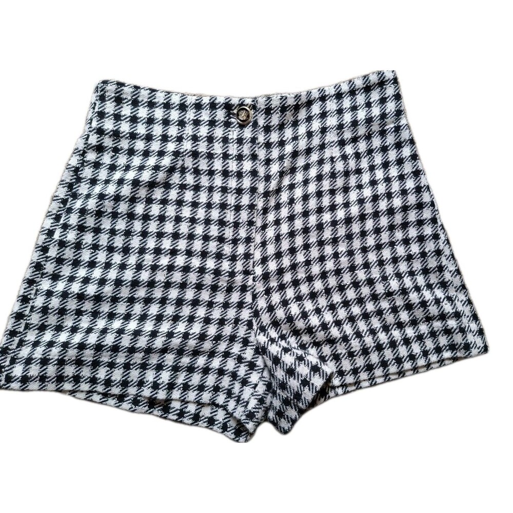 High Waist Houndstooth Tweed Shorts Zara Large Black White Preppy Academia Chic